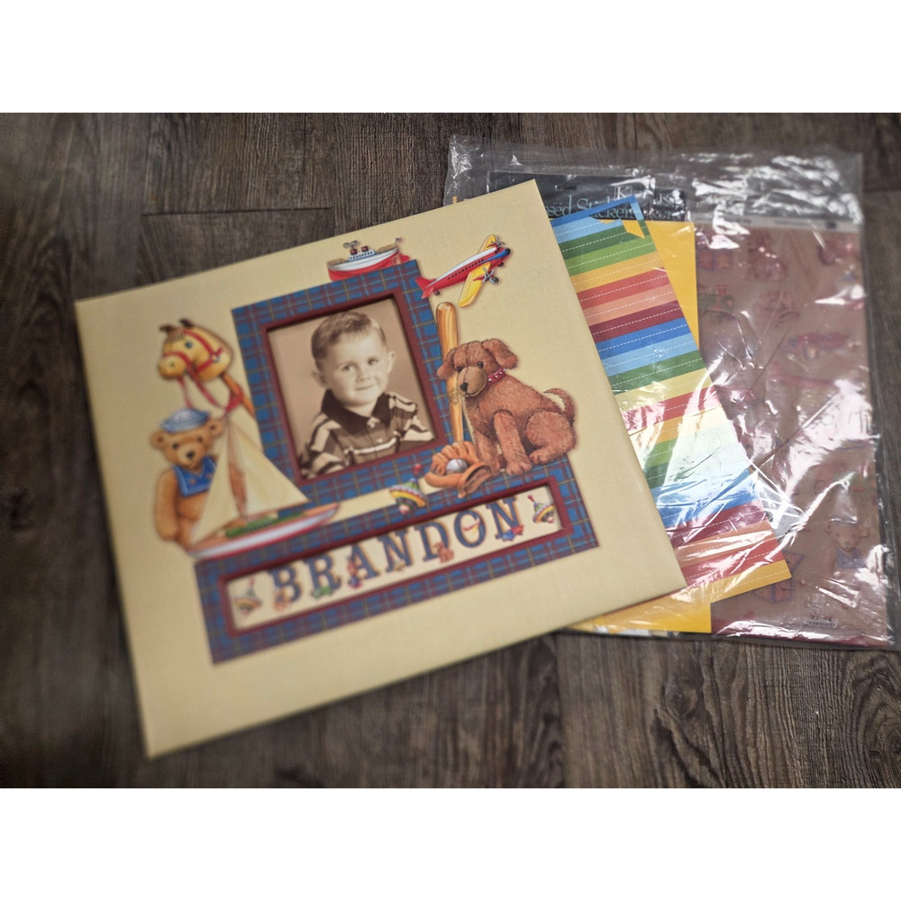 K+Company Cream Navy Boy Baby Bear Pre-Made Personalizable Album Scrapbook Set